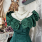 Green Vintage A Line Off the Shoulder Print Floral  Satin Long Prom Dress SH5257