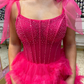 Cute Hot Pink A Line Spaghetti Strap Beaded Layered Tulle Long Prom Dress Evening Dress SH6808