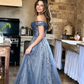 Stunning Blue Tulle Off Shoulder A Line Long Prom Dress, Evening Dress With Sleeve KS7424