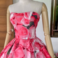 Vintage Pink A Line Strapless Print Flower Satin Prom Dress Evening Dress SH2292