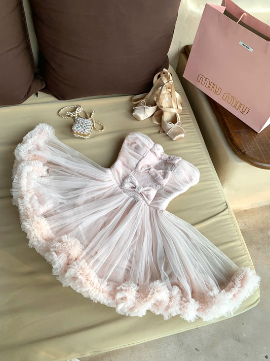 Light Pink A Line Strapless Bow Tulle Short Prom Dress Homecoming Dress SH5840