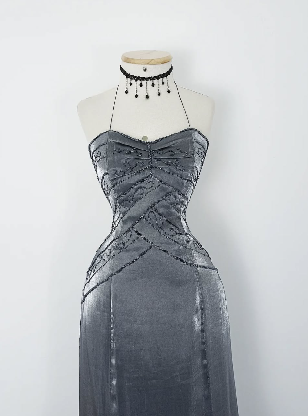 Retro A Line Spaghetti Strap Grey Beaded Satin Long Evening Dress Party Dress SH3169