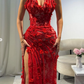 Baby Red Sheath V Neck Beaded 3D Floral Lace Prom Dress Evening Dress SH4544