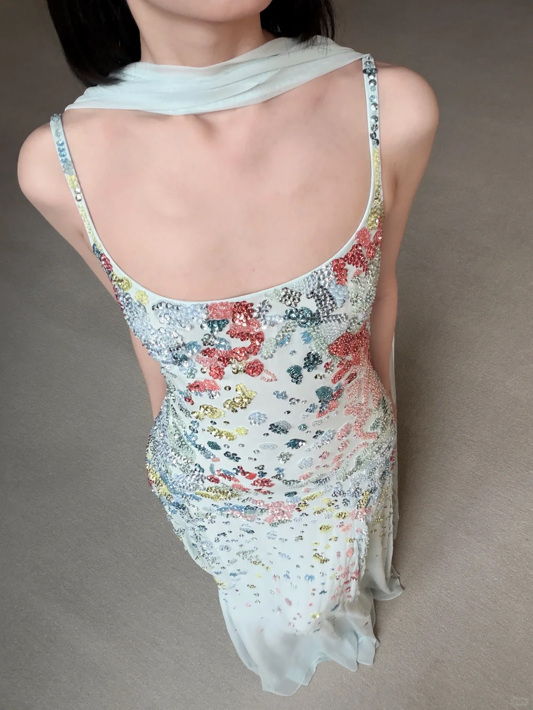 Ethereal Baby Blue A Line Spaghetti Strap Beaded Chiffon Long Prom Dress Evening Dress SH7707