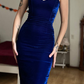 Vintage Sheath Sweetheart Neck Royal Blue Velvet Knee Length Prom Dress Evening Dress SH6077