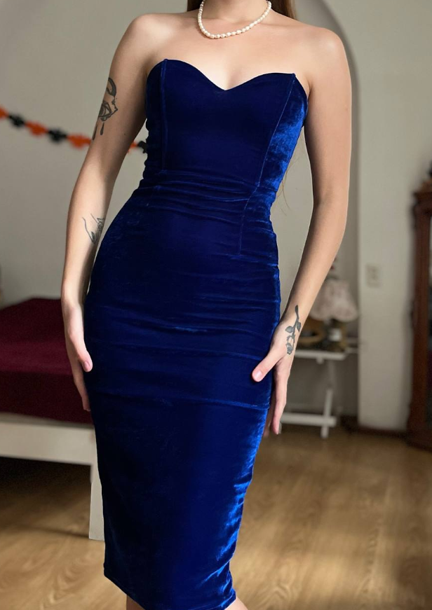 Vintage Sheath Sweetheart Neck Royal Blue Velvet Knee Length Prom Dress Evening Dress SH6077