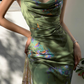 Green Simple Sheath Spaghetti Strap Print Floral Satin Prom Dress Evening Dress Formal Gown SH4046