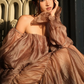 Charming Brown A Line Long Sleeve Satin Long Prom Dress Evening Dress SH2114