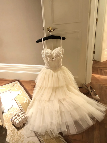 Cute A Line Spaghetti Strap White Beaded Layered Tulle Homecoming Dress Birthday Dress SH2980