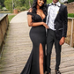 Side Slit Black Sheath Long Off Shoulder Sweetheart Mermaid Prom Dresses SH626