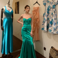 Vintage Mermaid Sweetheart Neck Pleated Green Satin Long Party Dress Cocktail Dress SH2946