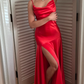 Sexy Mermaid Spaghetti Strap Red Satin Prom Dress Evening Dress with Slit SH2161