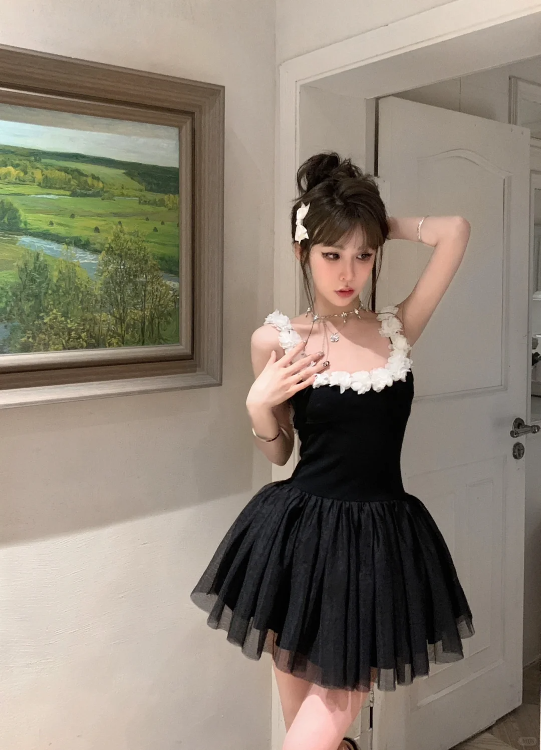 Cute A Line Straps White Floral Black Tulle Short Homecoming Dress Outfits SH5824