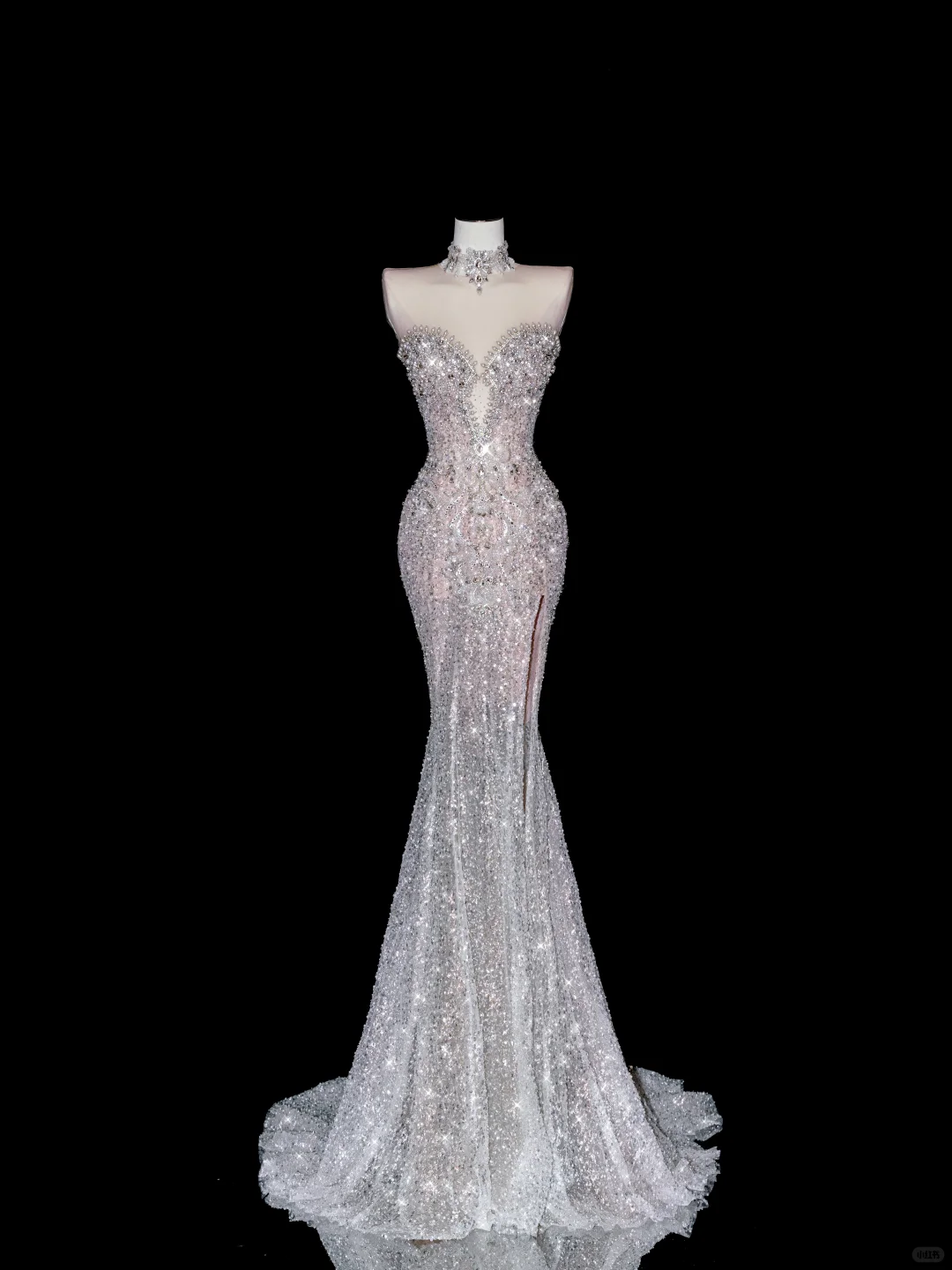 Exquisite Dreamy Mermaid Beaded Pearl Sequin White Tulle Prom Dress Party Dress with Slit SH3492