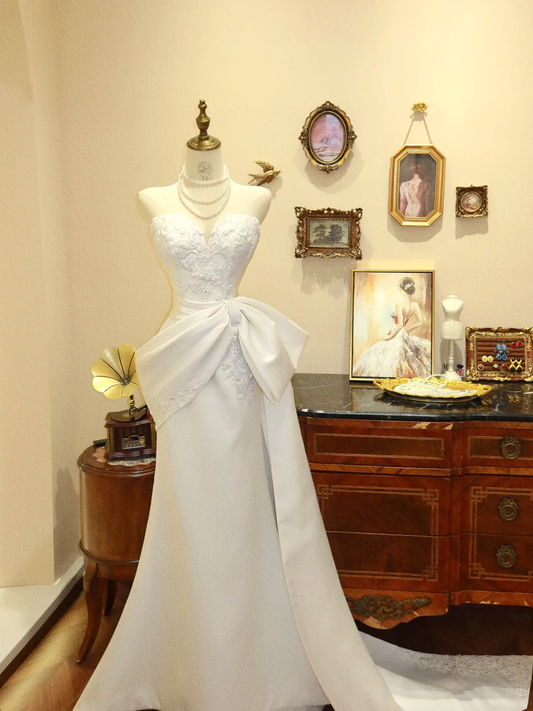Pretty Mermaid Sweetheart Neck Beaded White Satin Long Prom Dress Wedding Dress SH7396