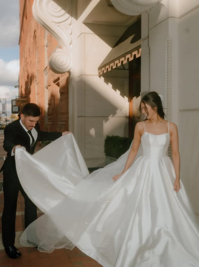 Charming A Line Spaghetti Strap White Satin Long Wedding Dress SH5955