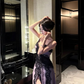 Purple A Line Spaghetti Strap Black Lace Satin Prom Dress with Slit SH5226