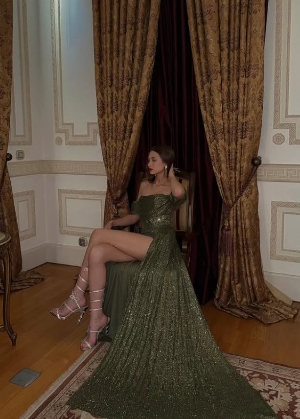 Elegant Blue Shiny A Line Off the Shoulder Sequin Long Evening Dress Prom Dress SH4828