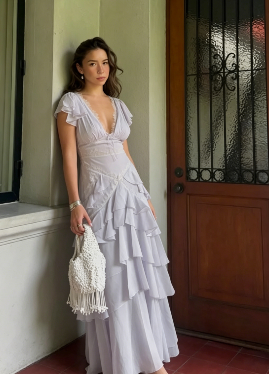 Light Purple A Line V Neck Layered Chiffon Long Prom Dress Outfits SH5494