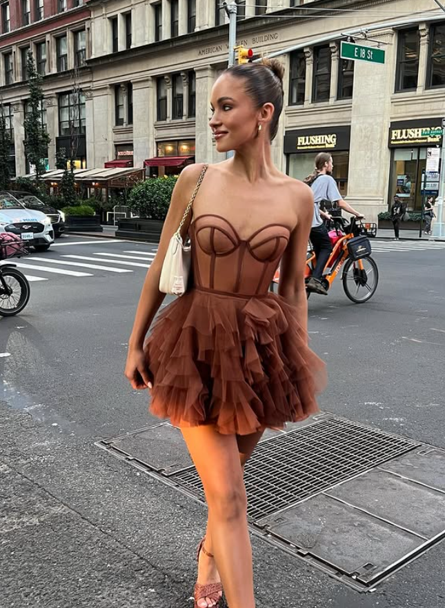 Cute A Line Sweetheart Neck Layered Brown Tulle Short Homecoming Dress SH4818
