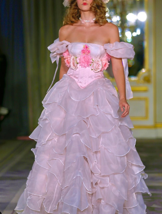 Pink A Line Off the Shoulder Flower Tiered Tulle Long Prom Dress Graduation Prom Dress SH2595