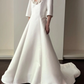Vintage Simple A Line Long Sleeve White Rose Satin Wedding Dress SH4999