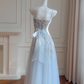 Stunning A Line Spaghetti Strap Floral Blue Tulle Prom Dress Wedding Guest Dress SH4505