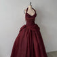 Burgundy Vintage A Line Halter Beaded Satin Long Prom Dress SH5151
