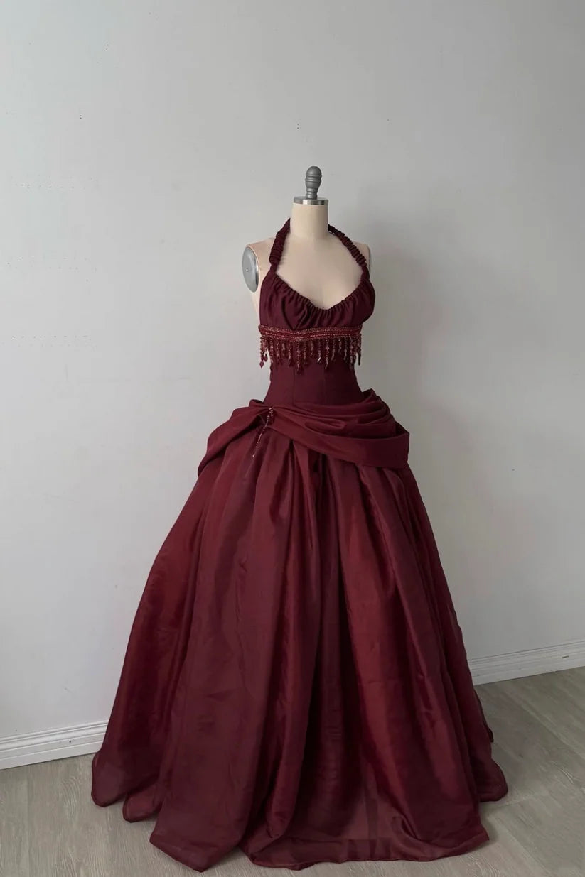 Burgundy Vintage A Line Halter Beaded Satin Long Prom Dress SH5151