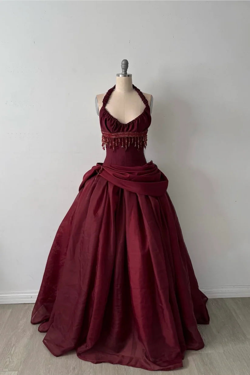 Burgundy Vintage A Line Halter Beaded Satin Long Prom Dress SH5151