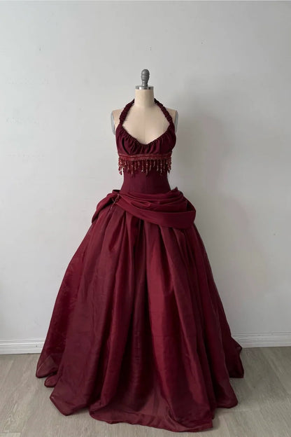 Burgundy Vintage A Line Halter Beaded Satin Long Prom Dress SH5151