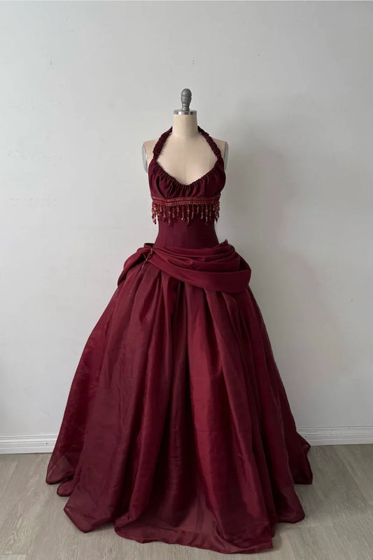 Burgundy Vintage A Line Halter Beaded Satin Long Prom Dress SH5151