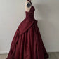 Burgundy Vintage A Line Halter Beaded Satin Long Prom Dress SH5151