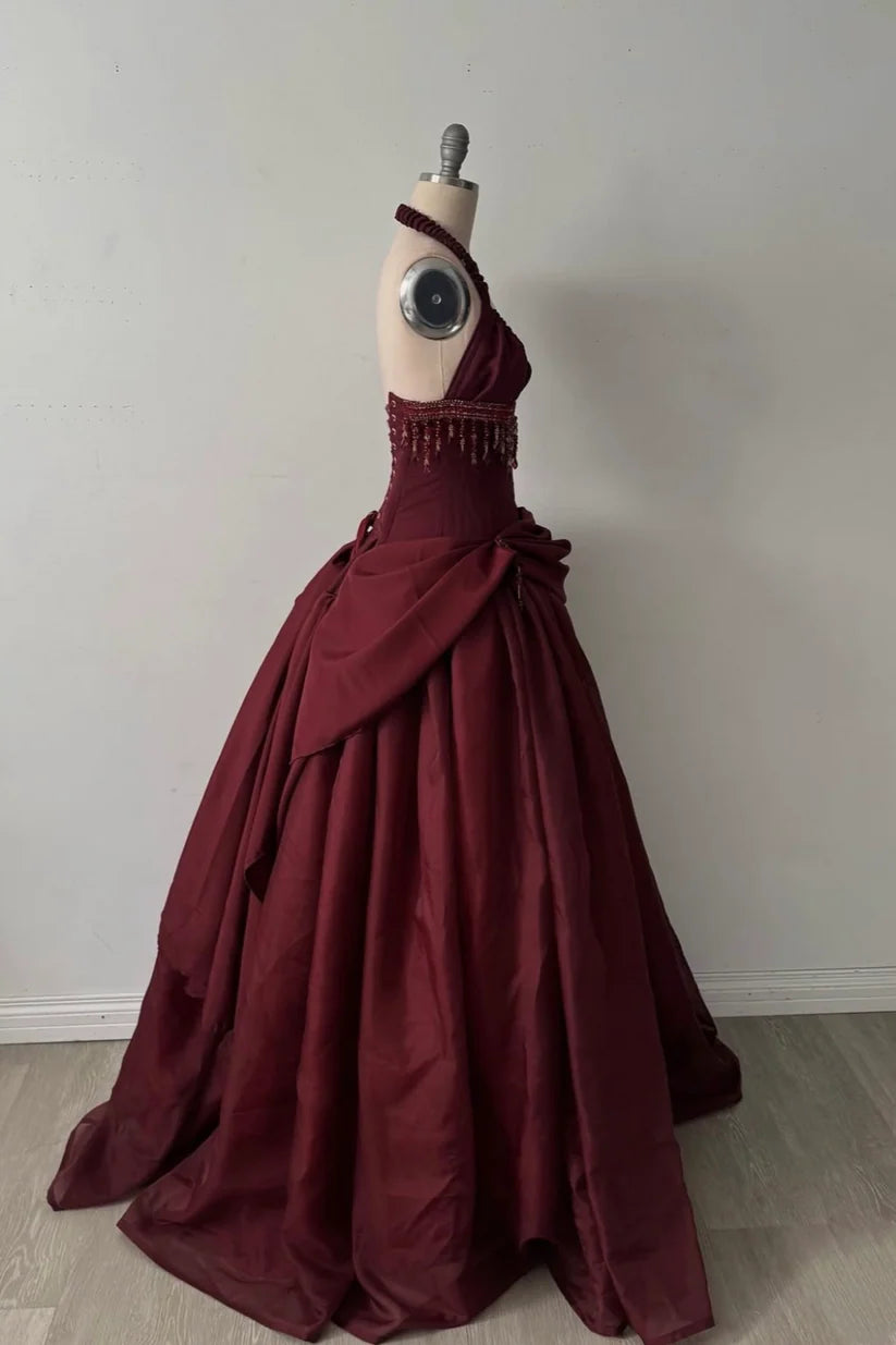 Burgundy Vintage A Line Halter Beaded Satin Long Prom Dress SH5151