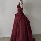 Burgundy Vintage A Line Halter Beaded Satin Long Prom Dress SH5151