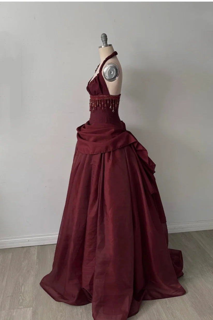 Burgundy Vintage A Line Halter Beaded Satin Long Prom Dress SH5151