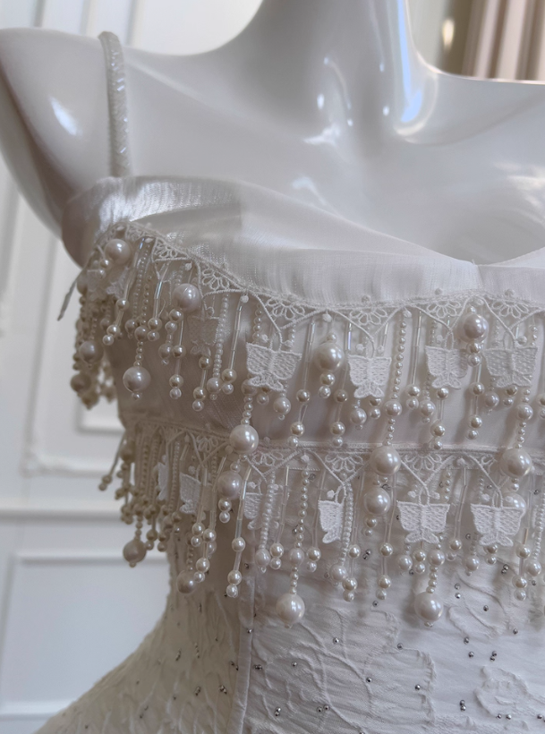 Cute A Line Spaghetti Strap Tiered Pearl White Lace Party Dress Evening Dress SH2818