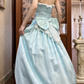 Vintage Blue A Line Straps Print Floral Satin Long Prom Dress with Bow SH5175