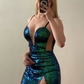 Green-blue Ombre Sheath Spaghetti Strap Sequin Short Prom Dress Homecoming Dress Outfits SH6859
