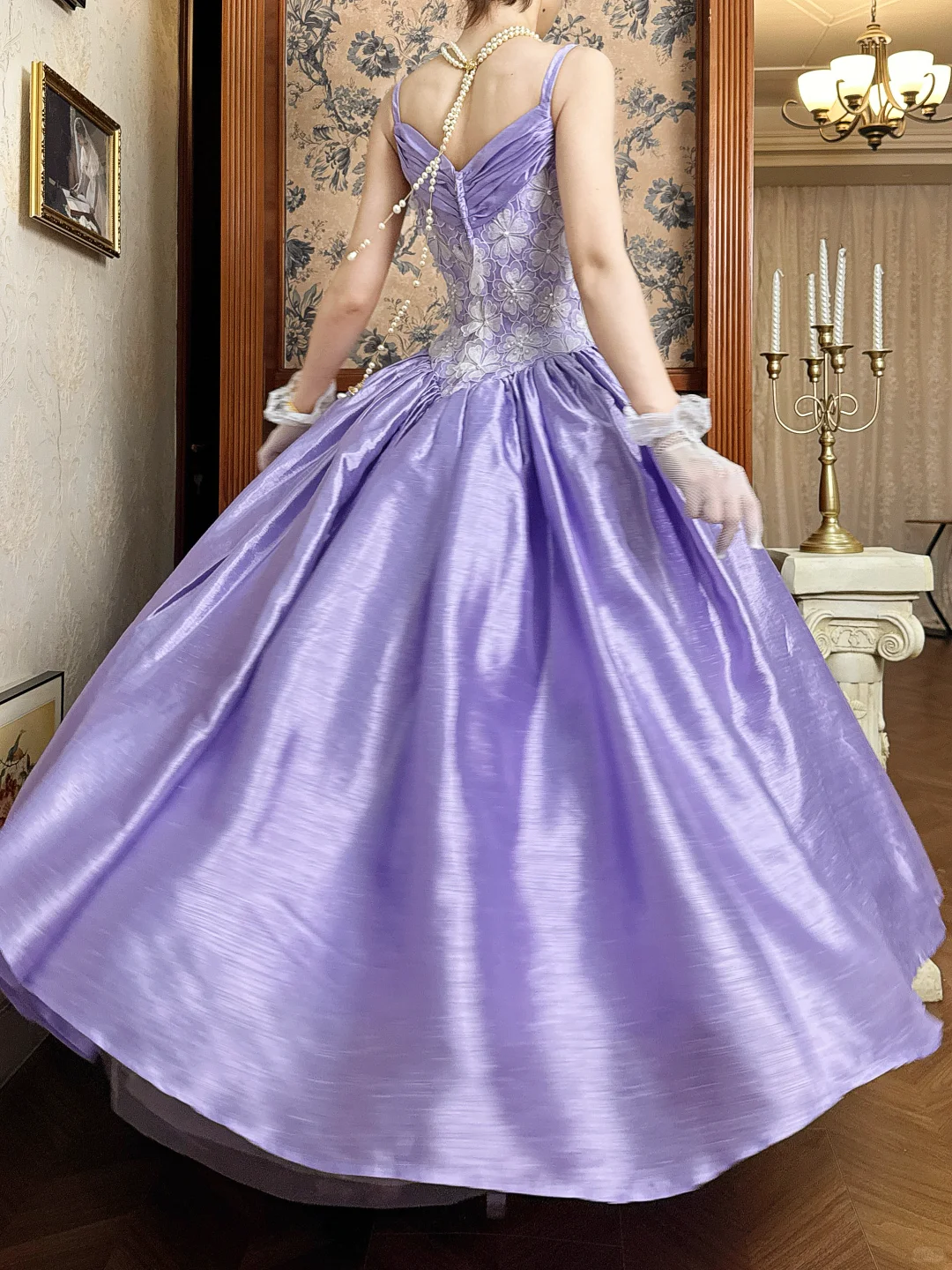 Vintage Purple Ball Gown Straps Appliques Satin Prom Dress Graduation Prom Dress SH5272