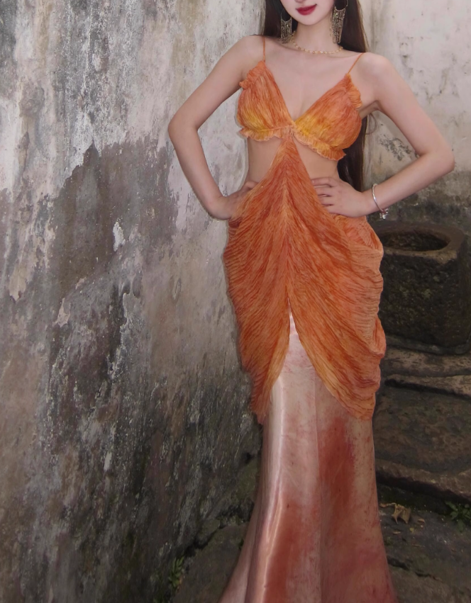 Dreamy Mermaid Spaghetti Straps Orange Satin Chiffon Long Prom Dress Evening Dress SH4392