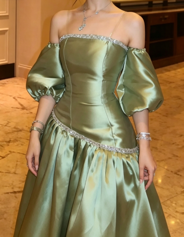Sage Green A Line Off the Shoulder Beaded Satin Prom Dress Evening Dress SH5523