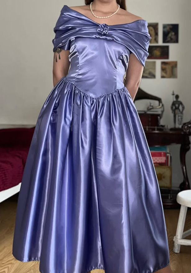 Vintage Purple A Line Off the Shoulder Satin Prom Dress Evening Dress Date Dress SH5637