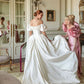 White Simple Elegant A Line Off the Shoulder Satin Long Wedding Dress SH6171