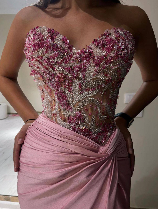 Glamorous Sheath Strapless Beaded Satin Prom Dress Evening Dress SH6268