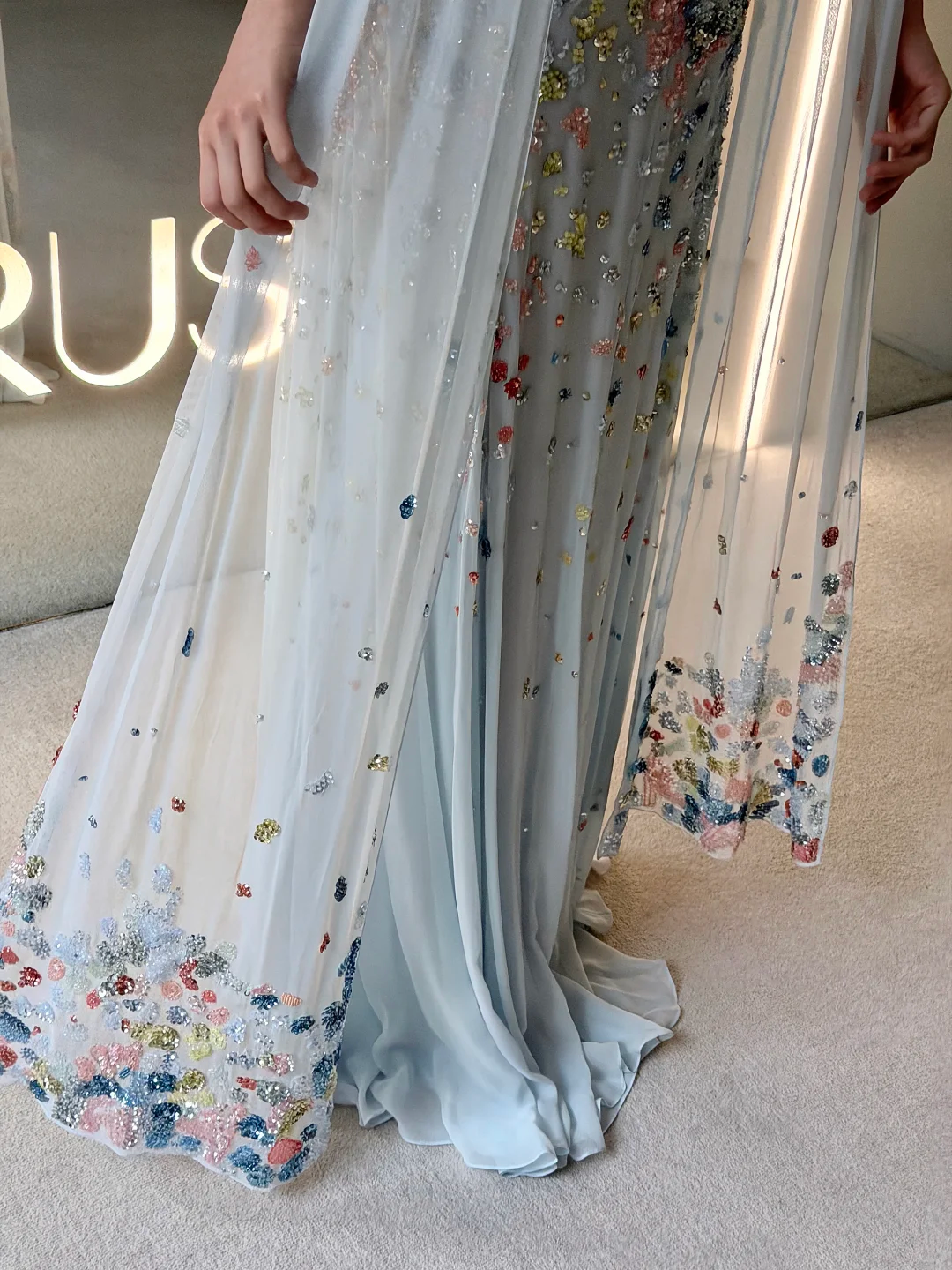 Ethereal Baby Blue A Line Spaghetti Strap Beaded Chiffon Long Prom Dress Evening Dress SH7707
