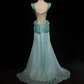 Retro Gorgeous A Line Straps Pleated Beaded Blue Satin Prom Dress Evening Dress SH3328