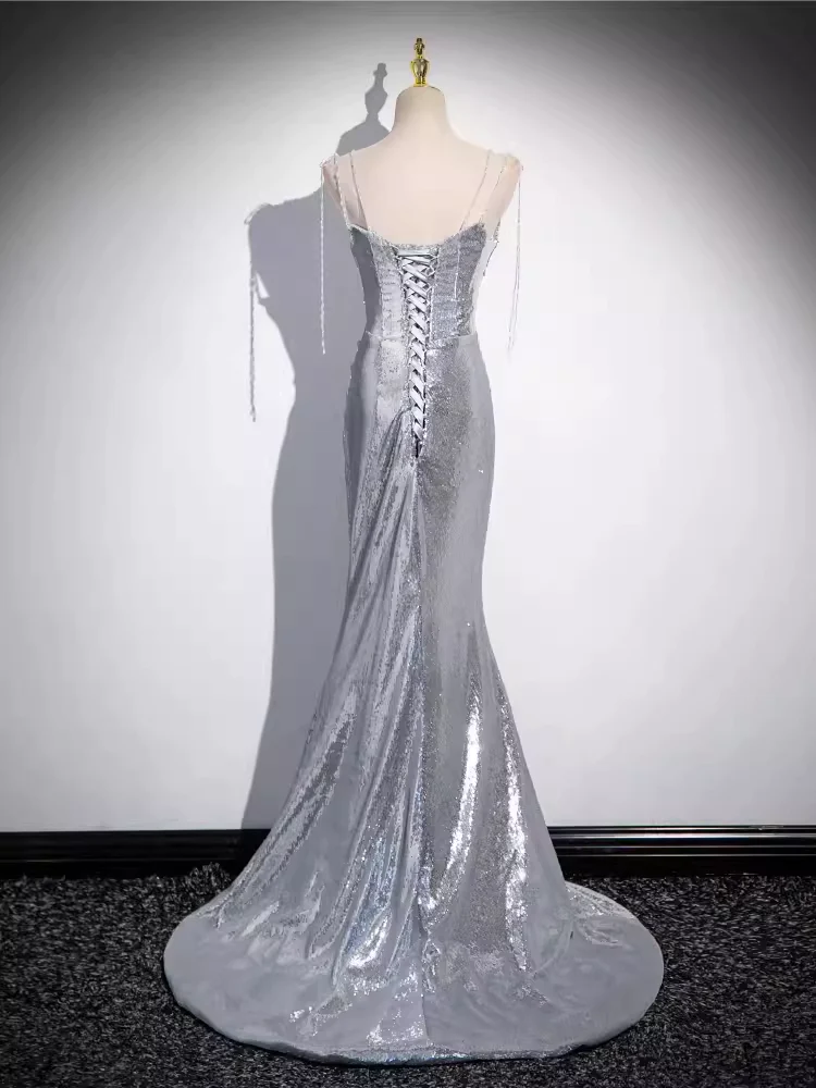 Elegant Silver Sequin Mermiad Prom Dress Long Evening Dress SH1037