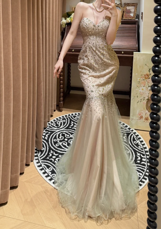 Champagne Mermaid Sweetheart Neck Rhinestone Organza Prom Dresses 18th Birthday Dresses SH4641