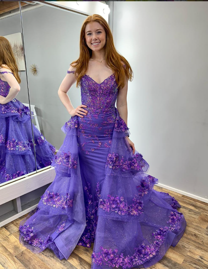 Glamorous A Line Spaghetti Straps Purple Sequin Tulle Long Prom Dress Evening Dress SH6777